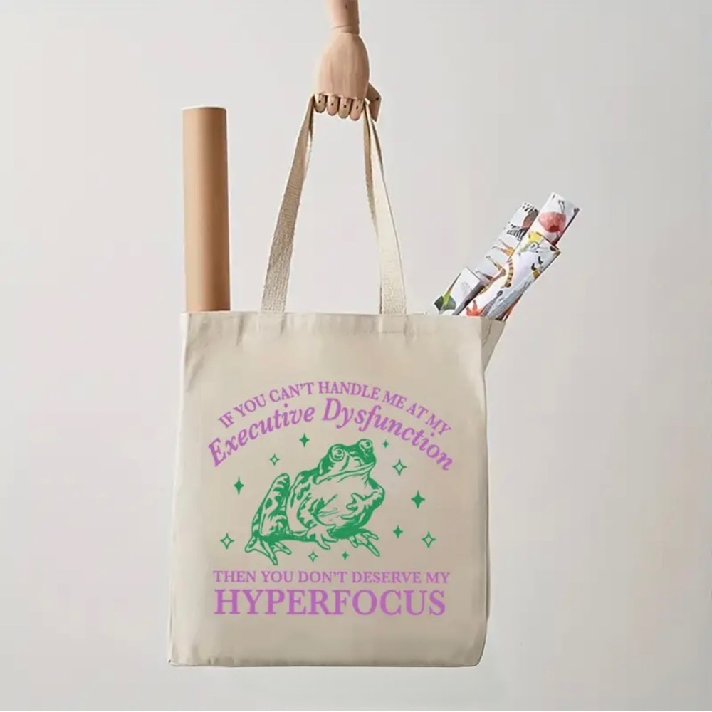 Neurodivergent Frog Canvas Tote – “Executive Dysfunction & Hyperfocus”